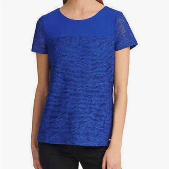 Calvin Klein Women's Short Sleeve Mesh Overlay Double
Layer Tee - Picture 1 of 7